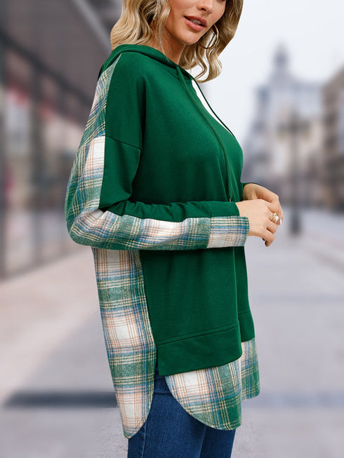 'Lireal' Split Colour Plaid Long Sleeve Hoodie - Celes Fashion